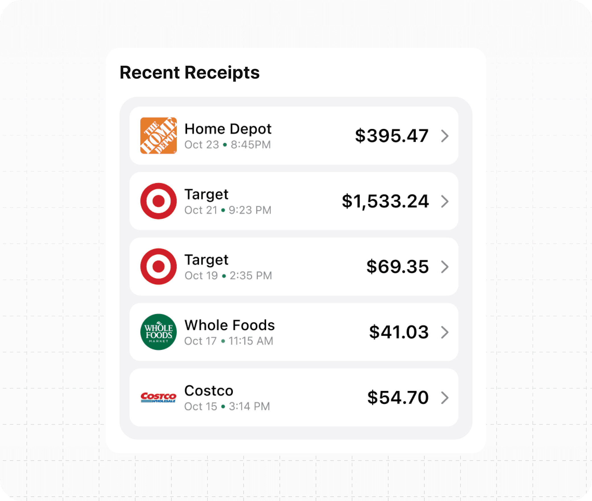 Recent receipts list